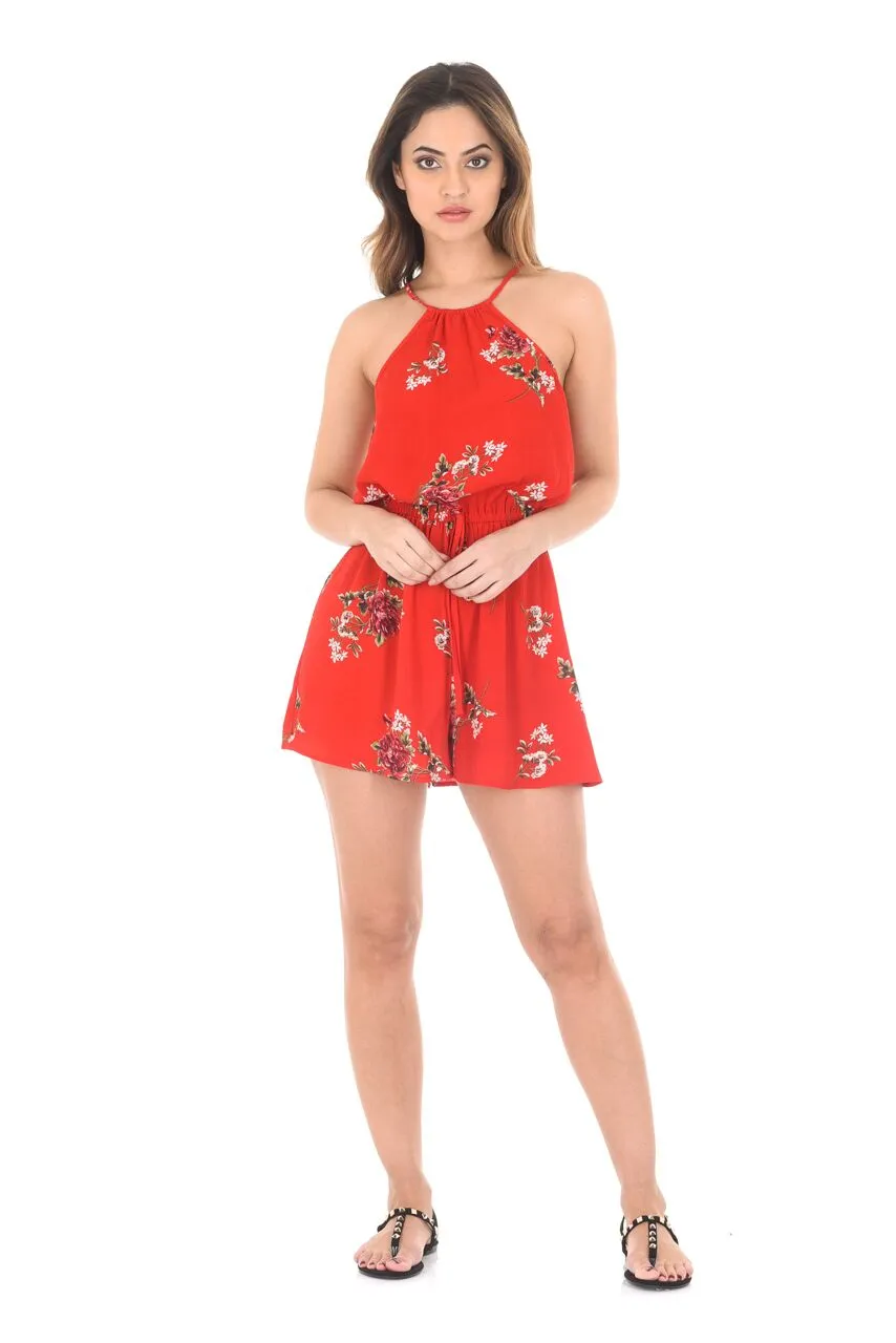 Red Floral Print Drawstring Playsuit sold by AX Paris product image thumbnail 3