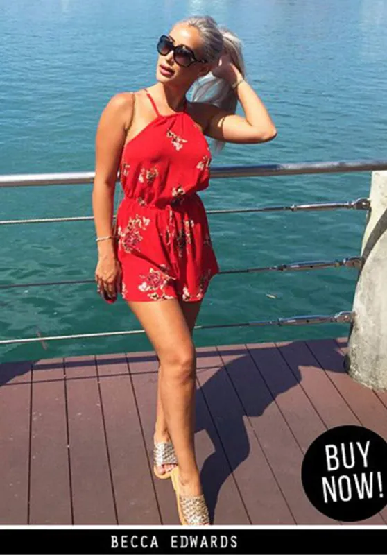 Red Floral Print Drawstring Playsuit sold by AX Paris