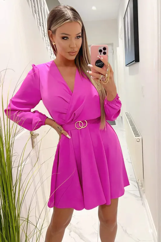 Cerise Wrap Over Belted Skater Dress sold by AX Paris
