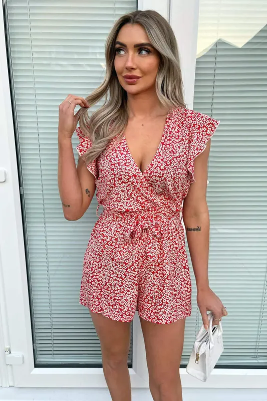 Red Floral Printed Wrap Tie Waist Playsuit sold by AX Paris