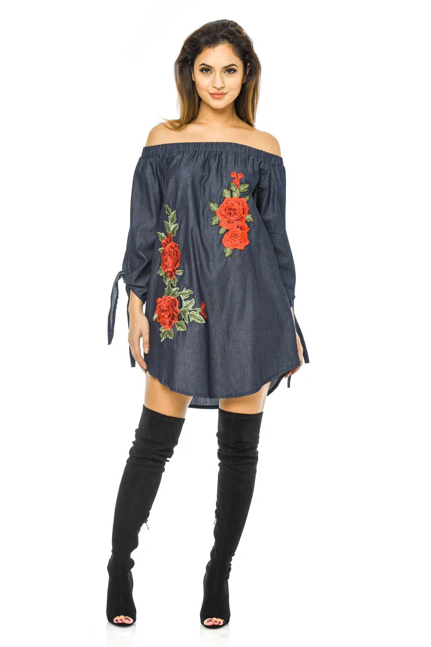 Off The Shoulder Denim Embroidered Dress sold by AX Paris product image thumbnail 2