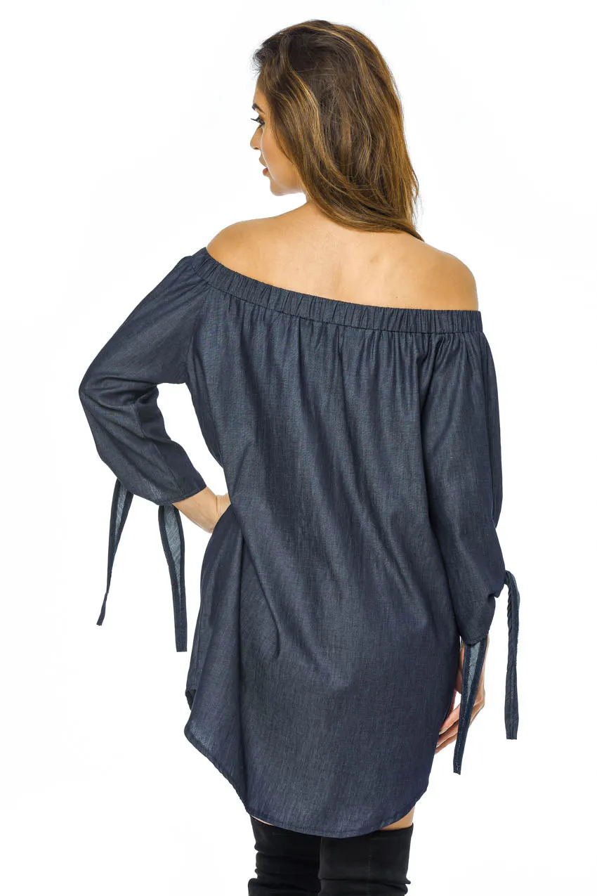 Off The Shoulder Denim Embroidered Dress sold by AX Paris product image thumbnail 3