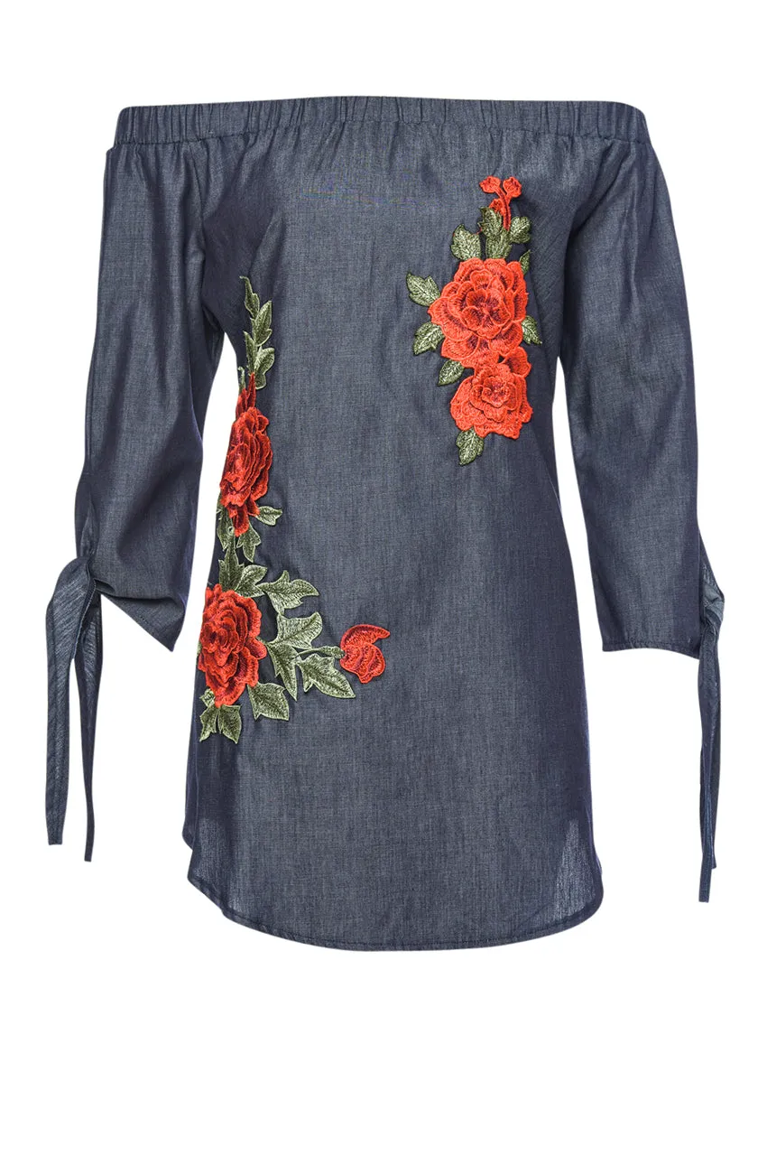 Off The Shoulder Denim Embroidered Dress sold by AX Paris product image thumbnail 4