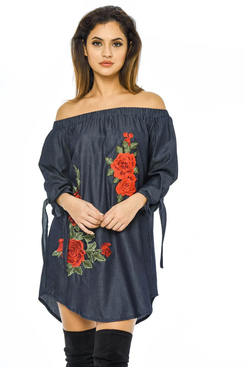 Off The Shoulder Denim Embroidered Dress sold by AX Paris