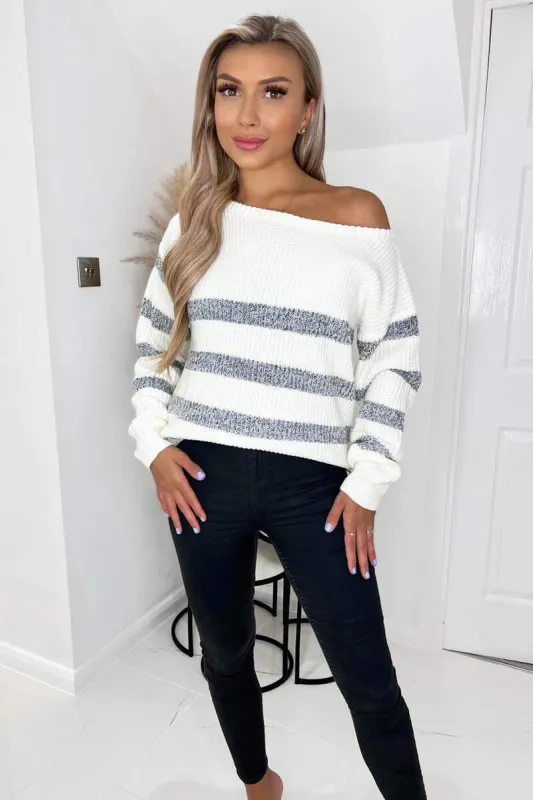 Cream and Grey Striped Off The Shoulder Jumper sold by AX Paris