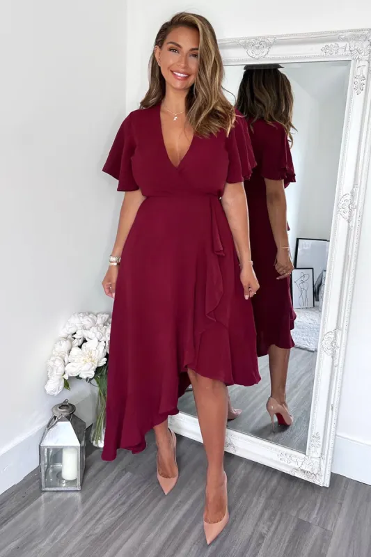 Plum Wrap Over Top Frill Hem Midi Dress sold by AX Paris