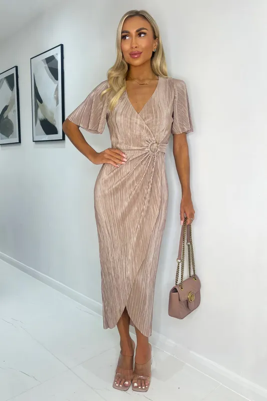 Taupe Short Sleeve Plisse Wrap Midi Dress sold by AX Paris