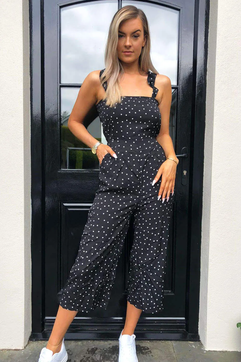 Black Polka Dot Frill Culotte Jumpsuit sold by AX Paris product image thumbnail 3