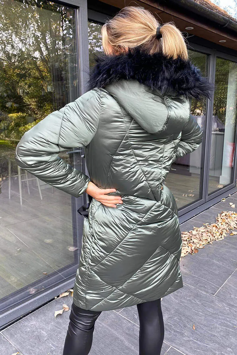 Khaki Faux Fur High Shine Coat sold by AX Paris product image thumbnail 4