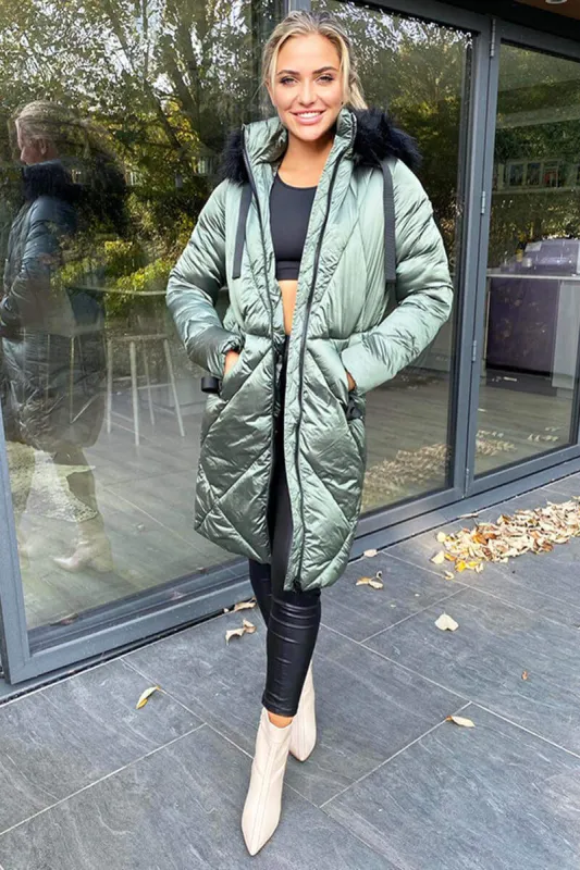 Khaki Faux Fur High Shine Coat sold by AX Paris
