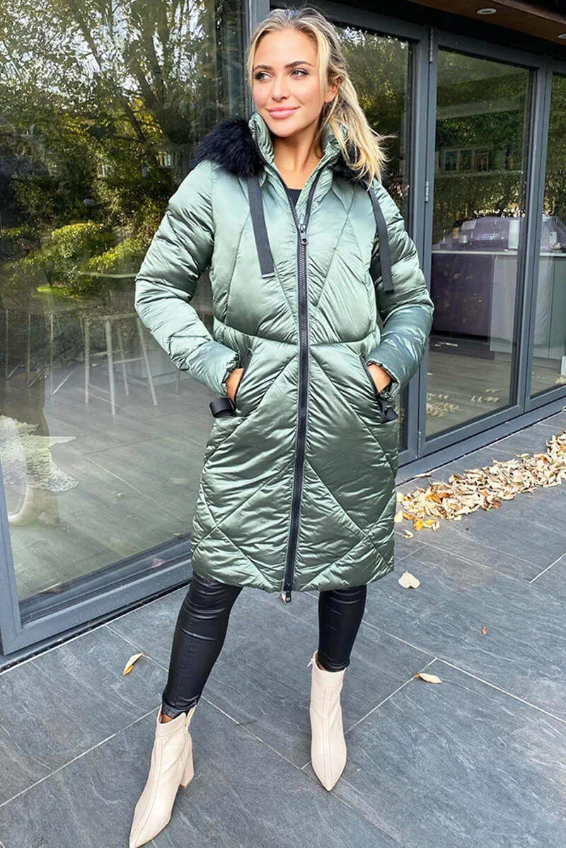 Khaki Faux Fur High Shine Coat sold by AX Paris product image thumbnail 2