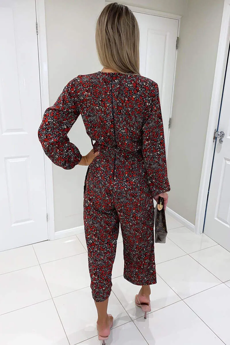 Red Ditsy Floral Wrap Over Jumpsuit sold by AX Paris product image thumbnail 4