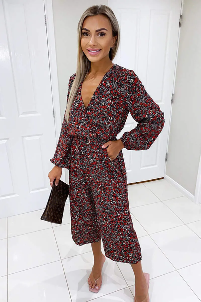 Red Ditsy Floral Wrap Over Jumpsuit sold by AX Paris