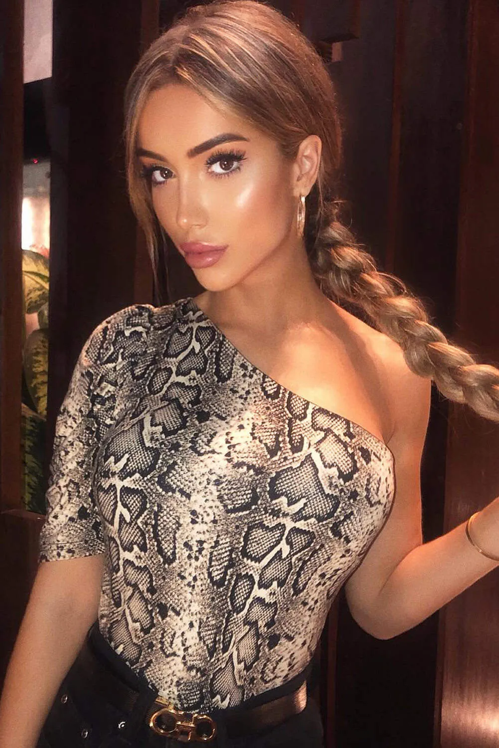 Snake Print Ruched One Shoulder Bodysuit sold by AX Paris