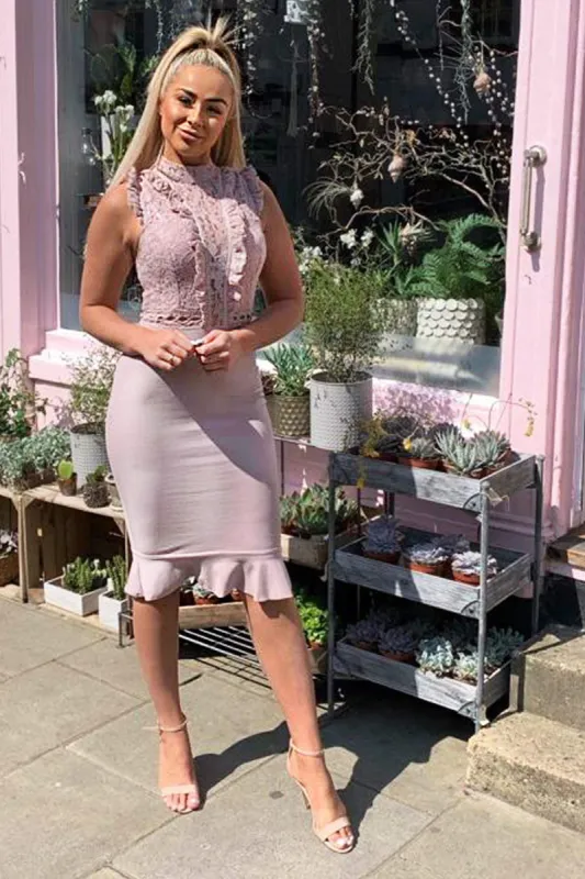 Mushroom Lace Ruffle Hem And Sleeve Dress sold by AX Paris