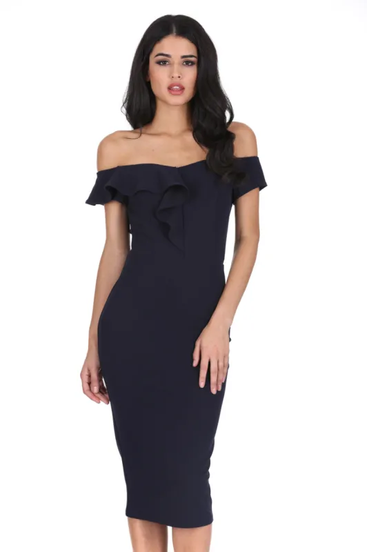 Navy Off The Shoulder Frill Detail Midi Dress sold by AX Paris