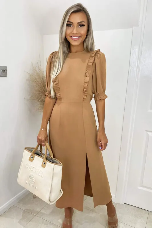 Mocha Ruffle Split Leg Midi Dress sold by AX Paris