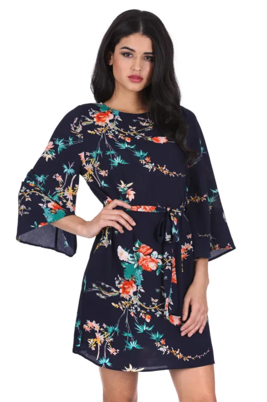 Navy Floral Print Tie Waist Dress sold by AX Paris