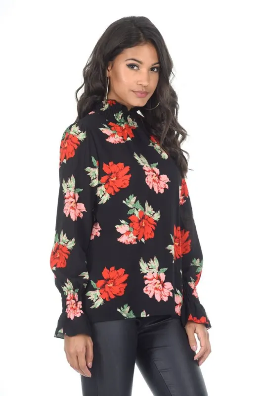 Black Floral Frill High Neck Top sold by AX Paris