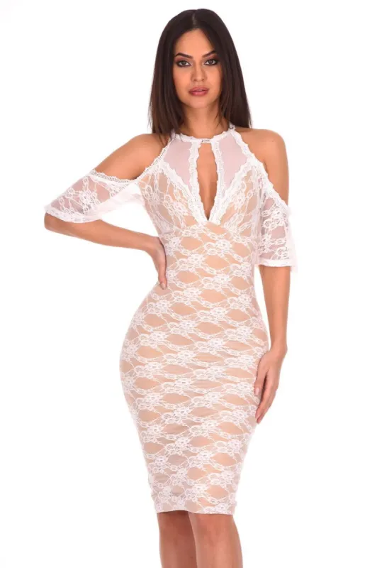 Cream Lace Choker Neck Midi Dress sold by AX Paris