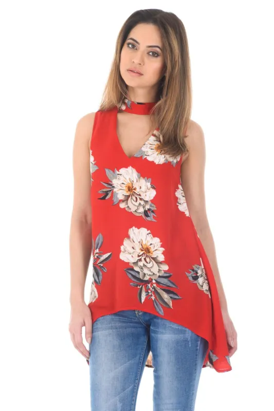 Red Curved Hem Printed Choker Top sold by AX Paris