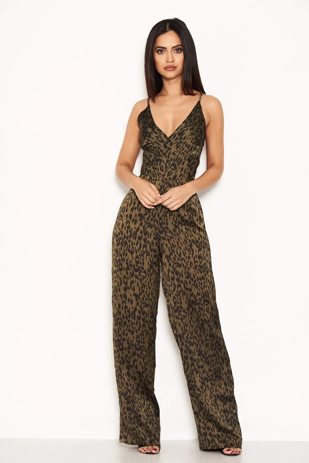 Khaki Animal Print V Neck Jumpsuit sold by AX Paris product image thumbnail 2