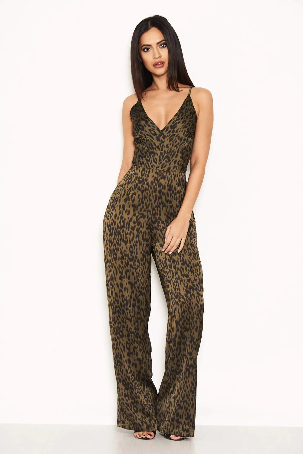 Khaki Animal Print V Neck Jumpsuit sold by AX Paris