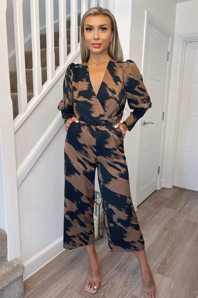 Brown and Navy Printed Wrap Top Culotte Jumpsuit sold by AX Paris product image thumbnail 3