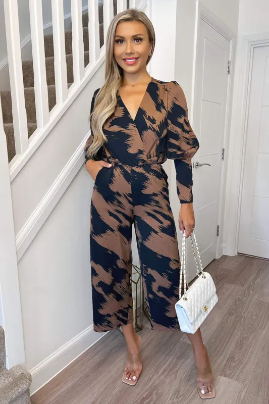 Brown and Navy Printed Wrap Top Culotte Jumpsuit sold by AX Paris