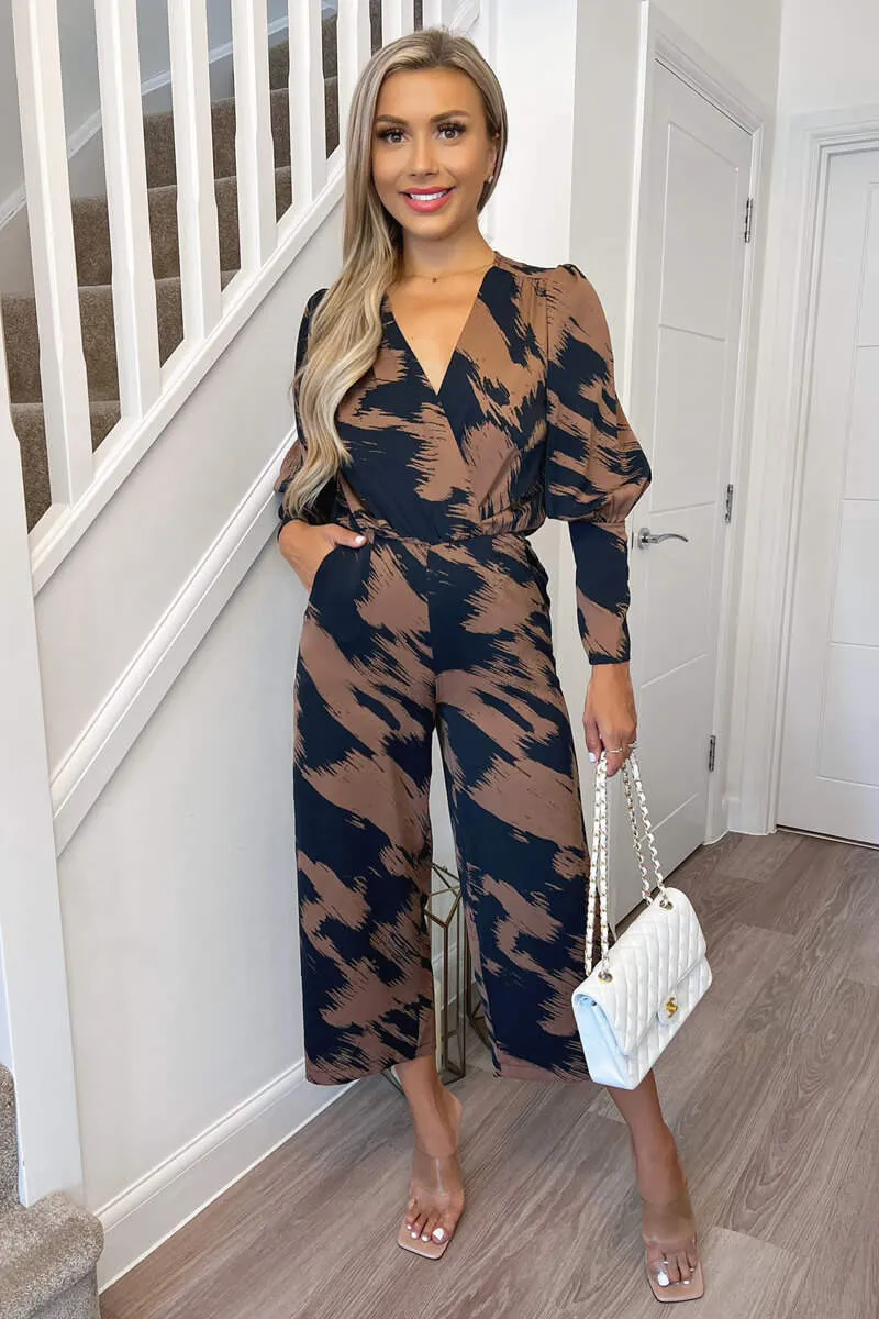Brown and Navy Printed Wrap Top Culotte Jumpsuit sold by AX Paris