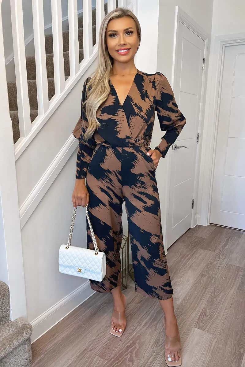 Brown and Navy Printed Wrap Top Culotte Jumpsuit sold by AX Paris product image thumbnail 2