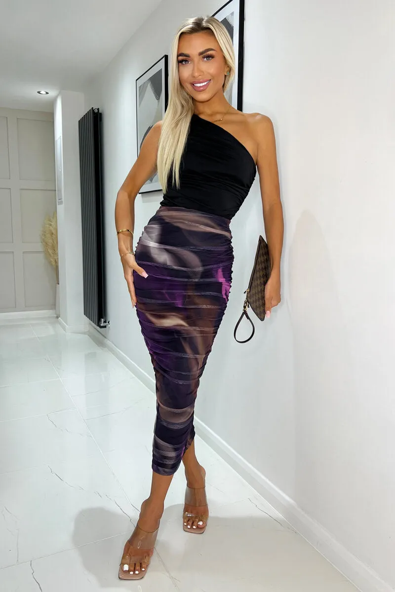Plum Abstract Print Mesh Ruched Midi Skirt sold by AX Paris
