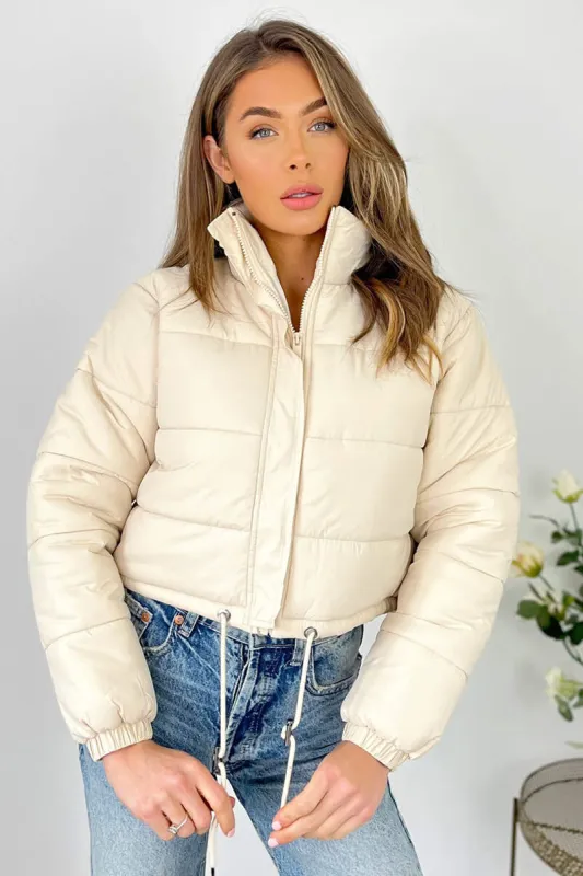 Beige Cropped Puffer Jacket sold by AX Paris