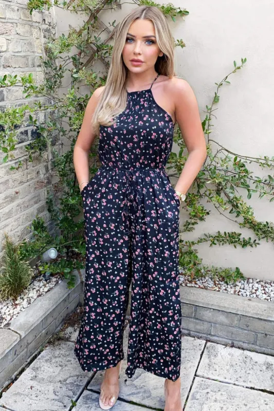 Black Floral Drawstring Culotte Jumpsuit sold by AX Paris