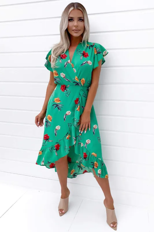 Green Floral Printed Frill Midi Dress sold by AX Paris
