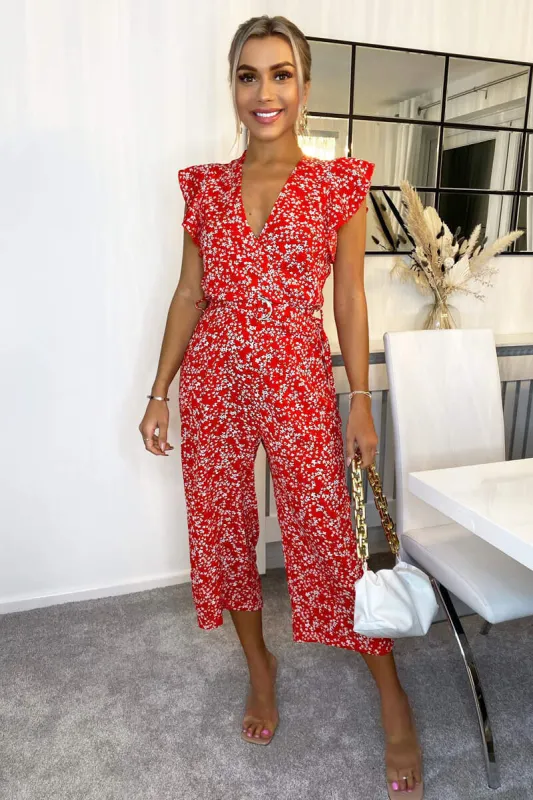 Red Floral Print Wrap Front Belted Jumpsuit sold by AX Paris