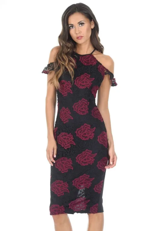 Black and Wine Embroidered Frill Midi Dress sold by AX Paris