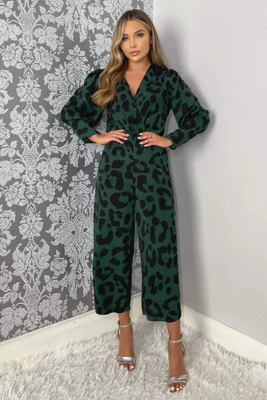 Green Leopard Print Wrap Top Culotte Jumpsuit sold by AX Paris