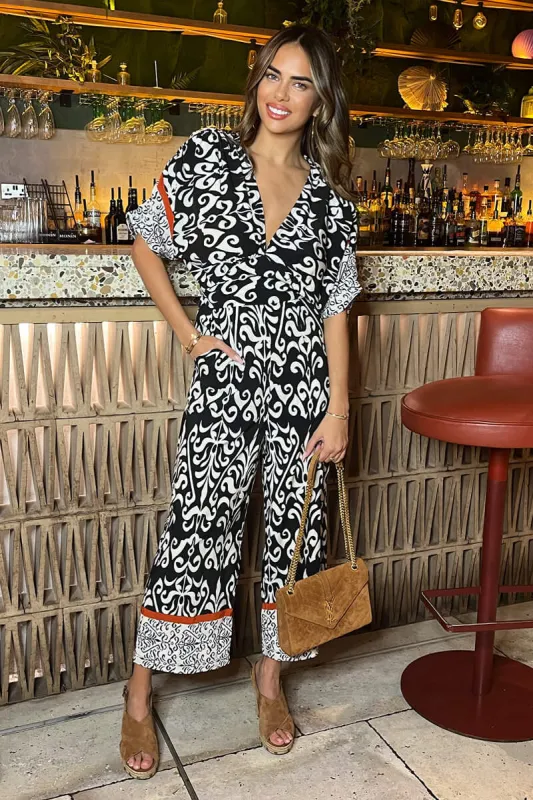 Black And Cream V-Neck Jumpsuit sold by AX Paris