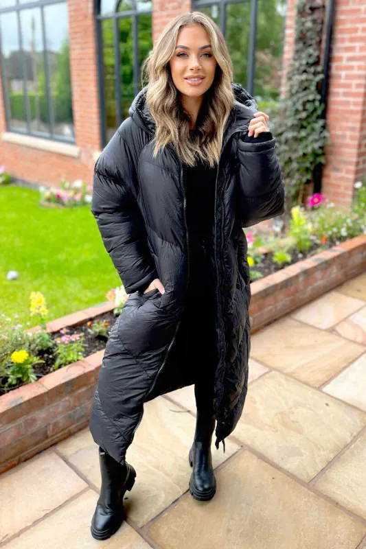 Black Hooded Long Puffer Coat sold by AX Paris