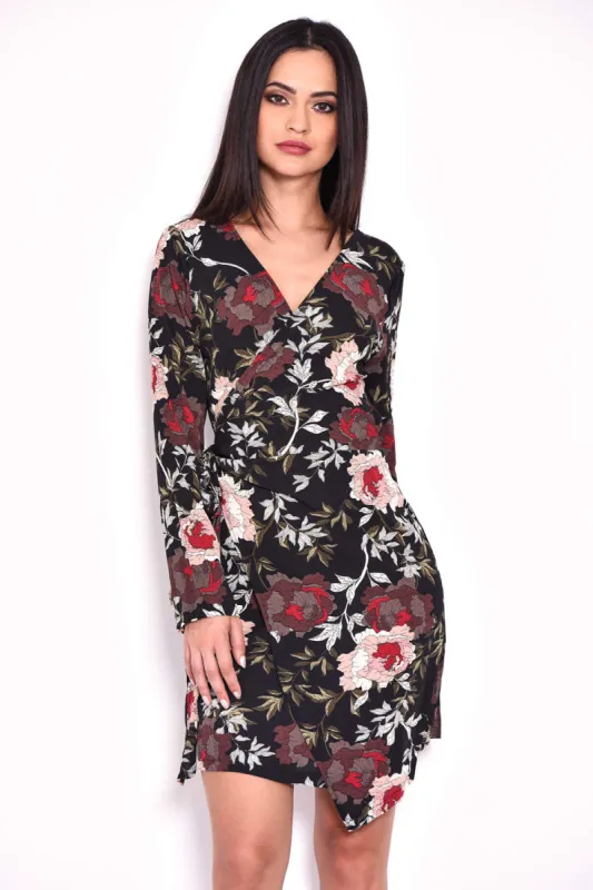 Black Floral Wrap Dress sold by AX Paris