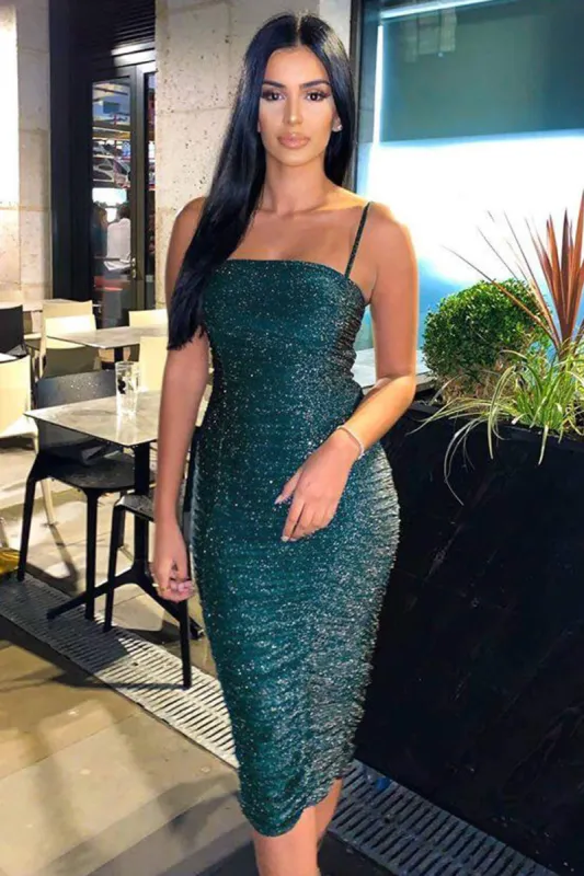 Teal Sparkle Strappy Ruched Dress sold by AX Paris