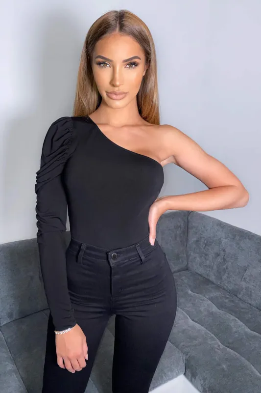 Black One Shoulder Puff Sleeve Bodysuit sold by AX Paris