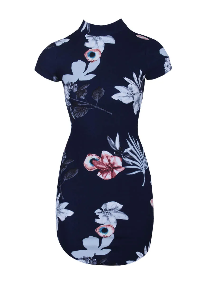 Navy Floral Print High Neck Mini Dress sold by AX Paris product image thumbnail 4