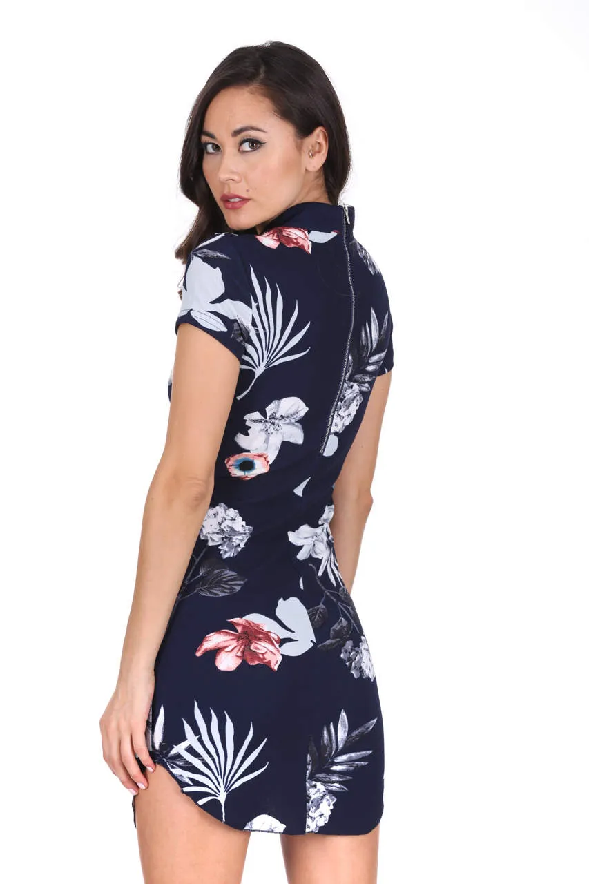Navy Floral Print High Neck Mini Dress sold by AX Paris product image thumbnail 3