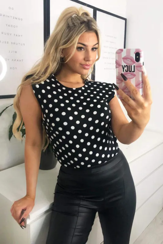 Black Polka Dot Shoulder Padded Top sold by AX Paris