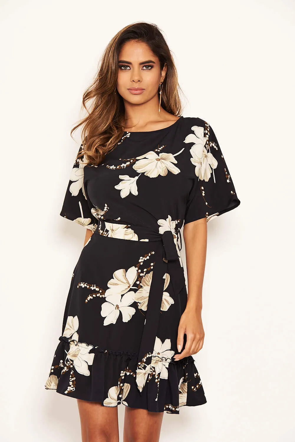 Navy Floral Frill Hem Dress sold by AX Paris