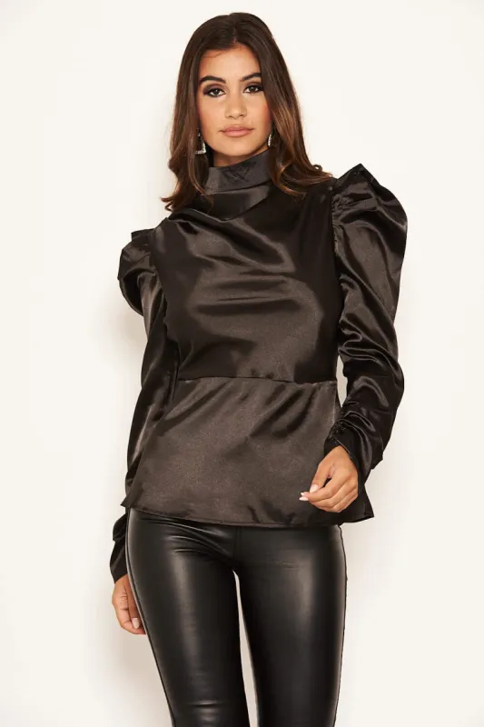 Black Satin Puff Sleeve Top sold by AX Paris