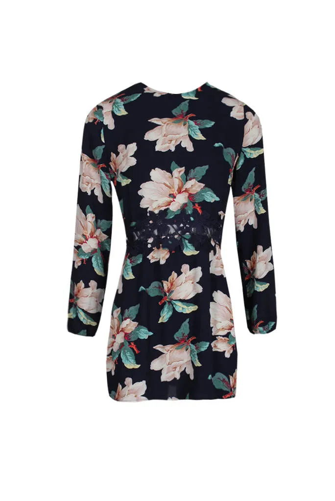 Navy Floral Sleeved Crochet Detail Dress sold by AX Paris product image thumbnail 4