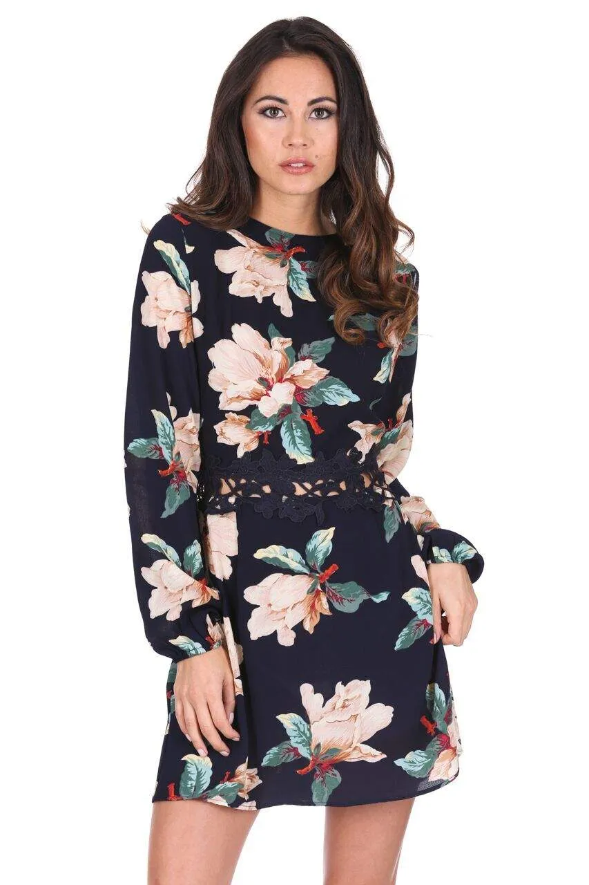 Navy Floral Sleeved Crochet Detail Dress sold by AX Paris